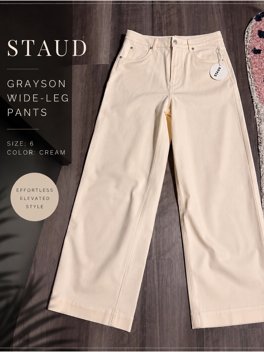 STAUD Cream Wide-Leg Trousers with Branded Tag